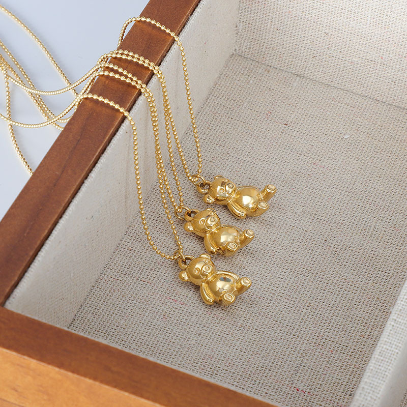 18K Gold Plated Stainless Steel Casting Jewelry Bead Chain Cute Teddy Bear Pendant Necklace