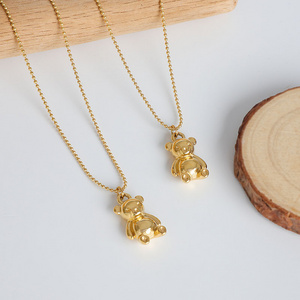 18K Gold Plated Stainless Steel Casting Jewelry Bead Chain Cute Teddy Bear Pendant Necklace