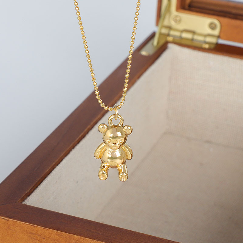 18K Gold Plated Stainless Steel Casting Jewelry Bead Chain Cute Teddy Bear Pendant Necklace