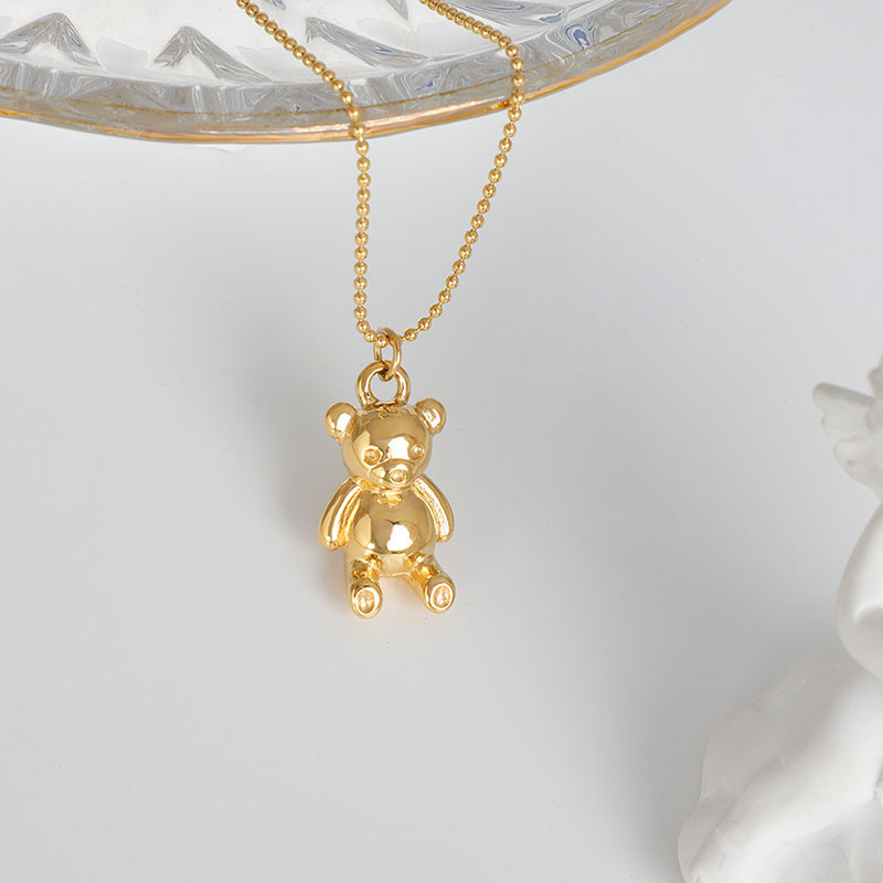 18K Gold Plated Stainless Steel Casting Jewelry Bead Chain Cute Teddy Bear Pendant Necklace