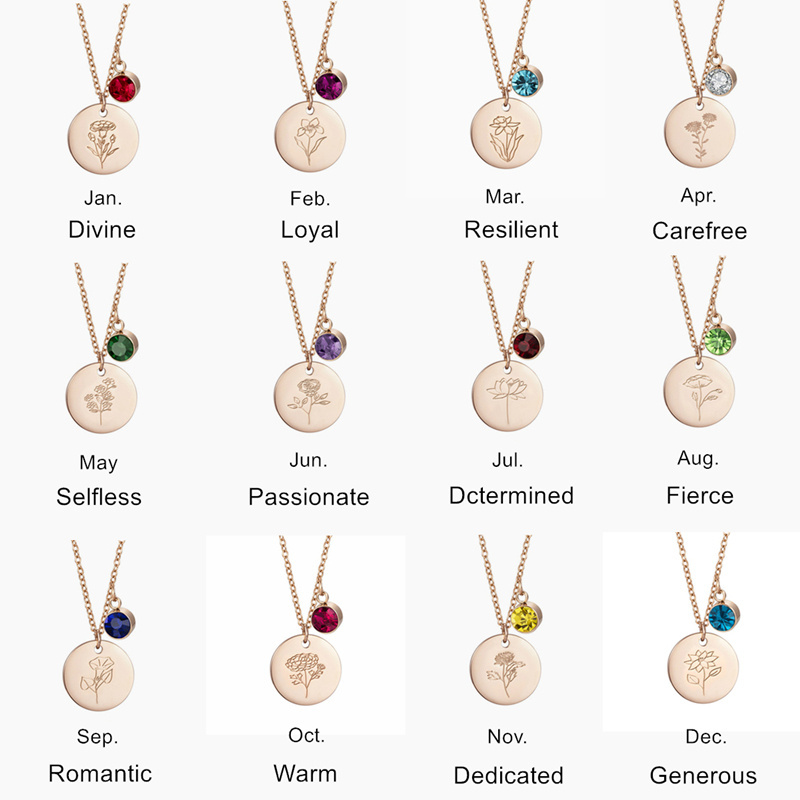 New Design Raw Crystal Stone Birthday Birth Month Flower Name Pendant Birthstone Necklaces Stainless Steel Charm Jewelry