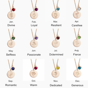 New Design Raw Crystal Stone Birthday Birth Month Flower Name Pendant Birthstone Necklaces Stainless Steel Charm Jewelry