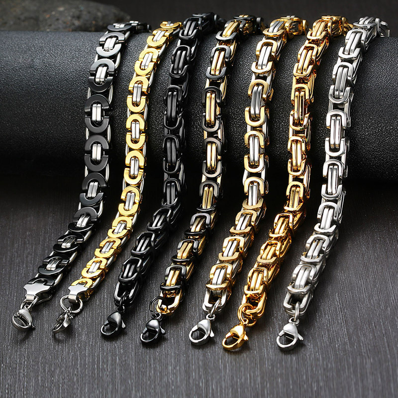 In Stock Wholesale Custom 18K Gold Black Plated Stainless Steel Tarnish Free Waterproof Jewelry Byzantine Chain Necklace