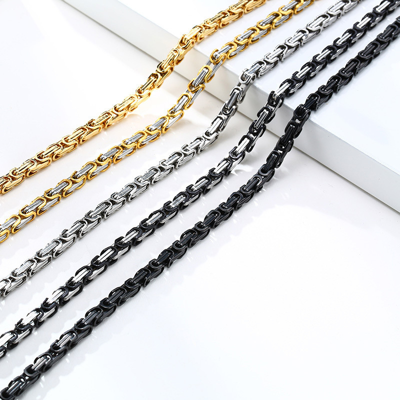 In Stock Wholesale Custom 18K Gold Black Plated Stainless Steel Tarnish Free Waterproof Jewelry Byzantine Chain Necklace