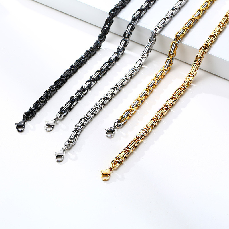 In Stock Wholesale Custom 18K Gold Black Plated Stainless Steel Tarnish Free Waterproof Jewelry Byzantine Chain Necklace