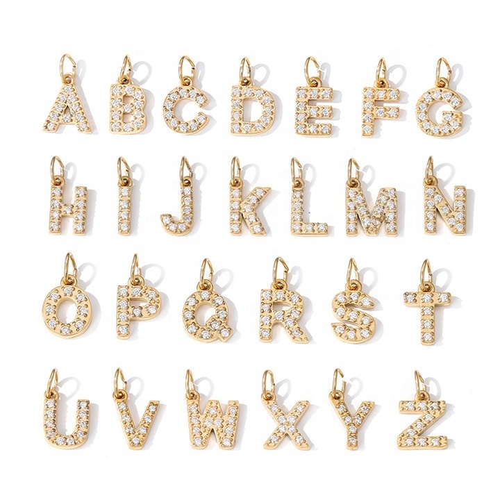 High Quality Rhinestones 18k gold stainless steel zircon diamond letters charms pendant a-z alphabet 26 lettering jewelry making