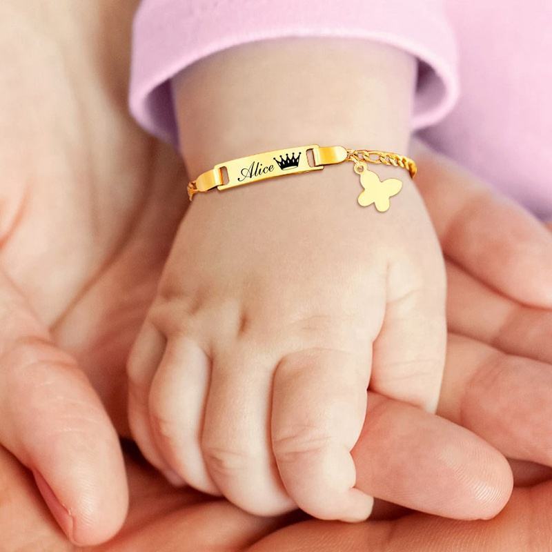 Custom DIY Name 18K Gold Plated Stainless Steel Charm Bar Baby Kids Anklets Bangle Bracelet for Baby Kids Boys Girls