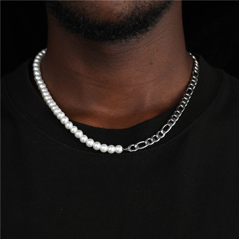 Hiphop Rock 18K Gold Stainless Steel Half Cuban Figaro Chain Link Half  White Shell Pearl Bead mens pearl necklace bracelet