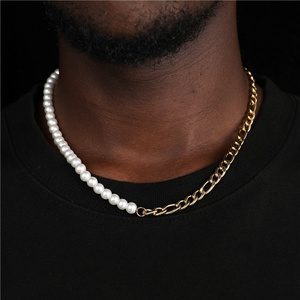 Hiphop Rock 18K Gold Stainless Steel Half Cuban Figaro Chain Link Half  White Shell Pearl Bead mens pearl necklace bracelet