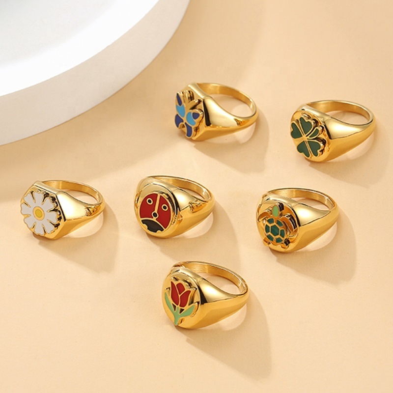 Wholesale Custom 18K Gold Stainless Steel Enamel Tulip Butterfly Ladybird Daisy Tortoise Design Lucky 4 Four Leaf Clover Rings