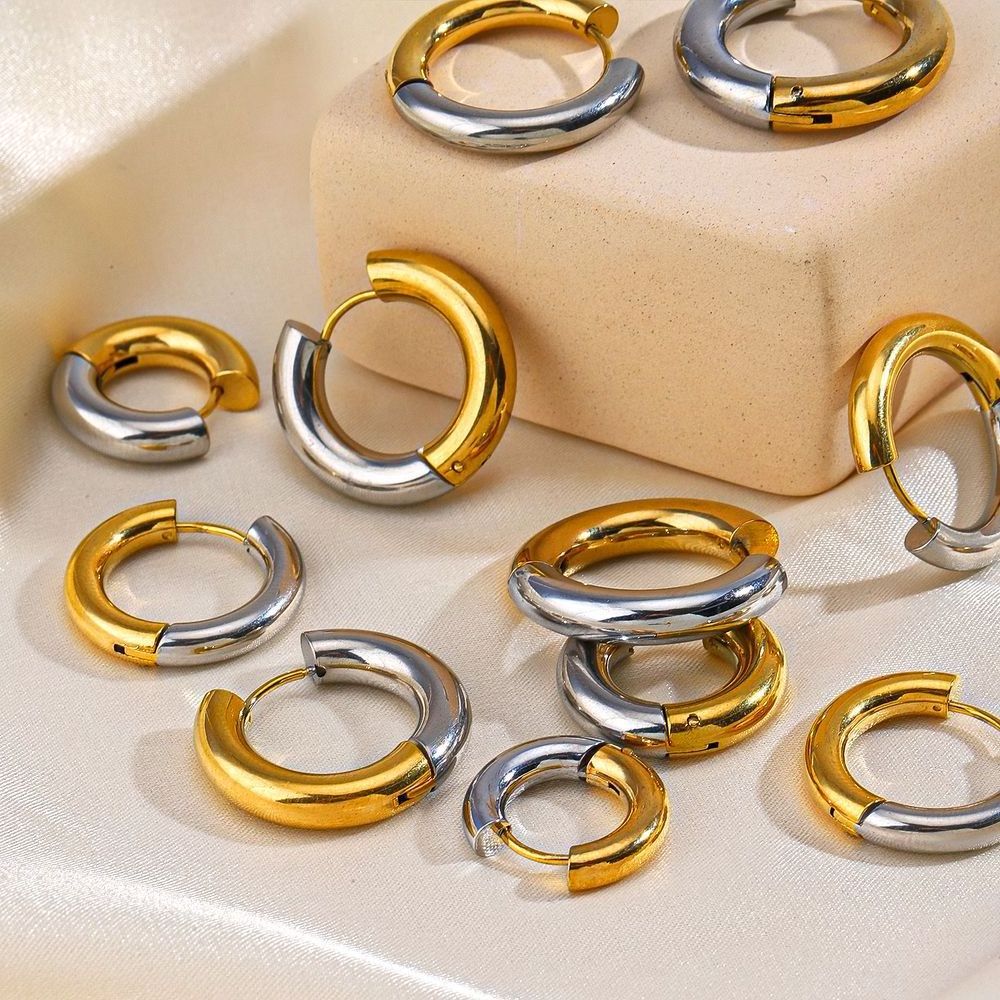 2023 New Trendy 22mm Hoop Ear ring 18K Gold Plated Stainless Steel Two Tone Gold And Silver Hoop Earrings For women