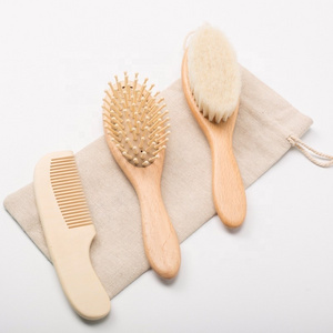 Custom Logo Natural Goat Bristles Children Comb & Brush Set 3 In 1 Newborn Wooden Baby Hair Brush And Comb Set