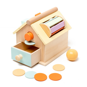 Montessori Spinning Rainbow Drum Ball Coin Drop Toy Object Permanence Box Wooden House Toy For Children