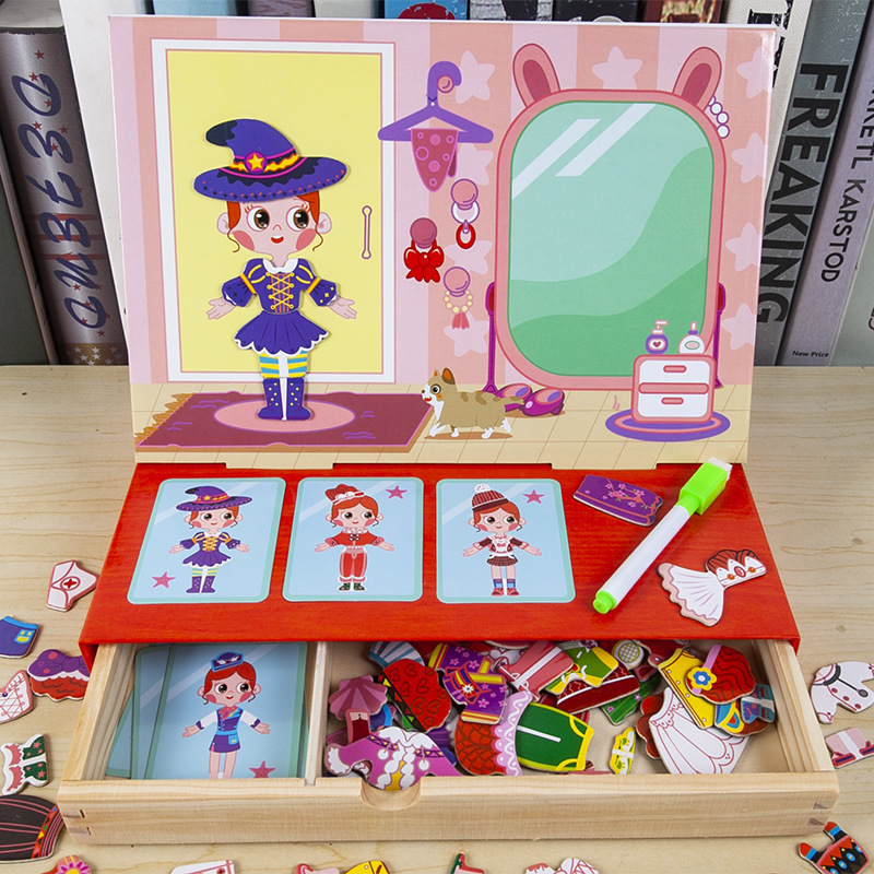 Children's Cartoon Character Girl Dress Up Clothes Drawing Gift Set Wooden Jigsaw Board Toys Magnetic Puzzle For Kids