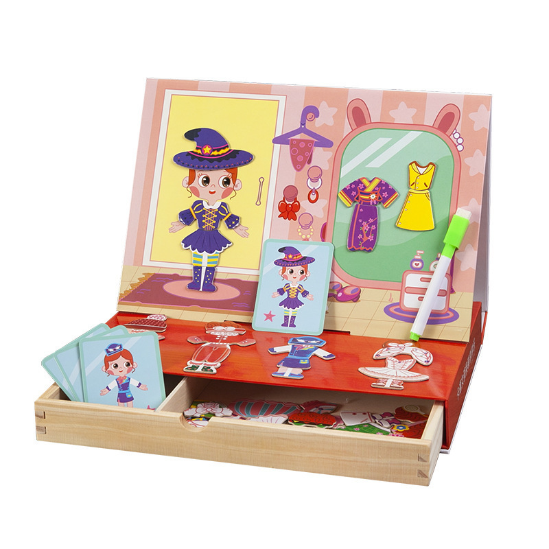 Children's Cartoon Character Girl Dress Up Clothes Drawing Gift Set Wooden Jigsaw Board Toys Magnetic Puzzle For Kids