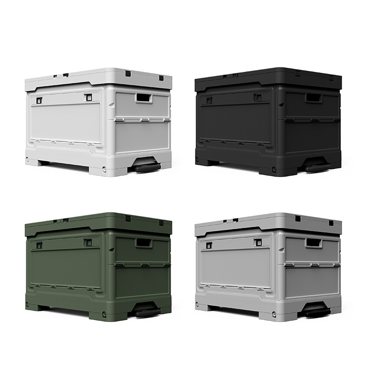 New arrival Plastic 4 Doors Collapsible Storage Bins with Lid & Wheels 50 L Foldable Lidded Storage Box Outdoor Camping Box