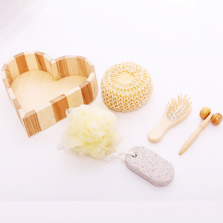 Custom 6pcs In One Set Shower Bamboo Foot Stone Bath Brush Set Body Clean Face Brush Exfoliating Dry Skin Brush Spa Set