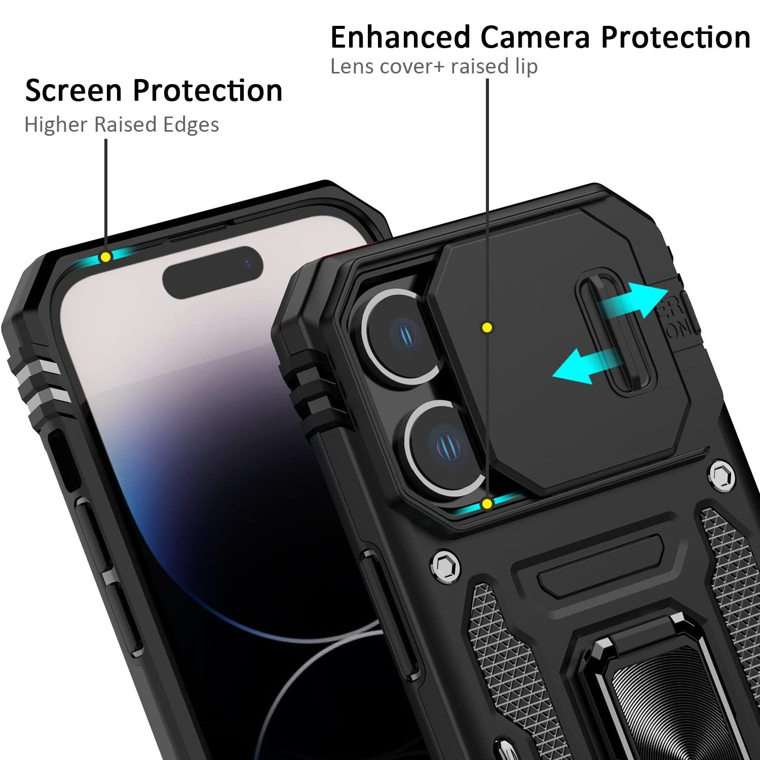 Hot Sale Kickstand Protector Slide Camera Lens Protection Cover TPU PC 2 in 1 Finger Ring Stand Phone Case for iPhone 15 Pro Max