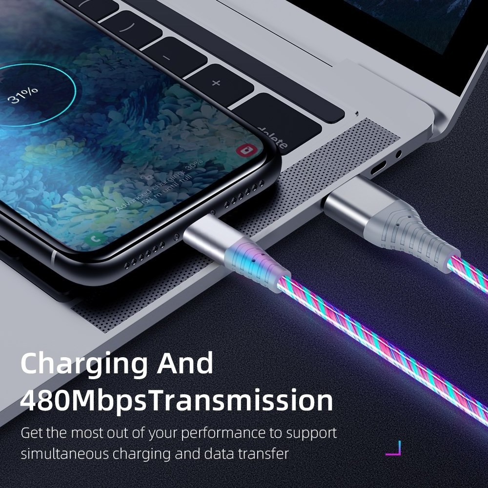 1m Glowing 3A Fast Charging Type C Cable High Speed Flowing Streamer Light LED Data Transfer USB Cable Multi color