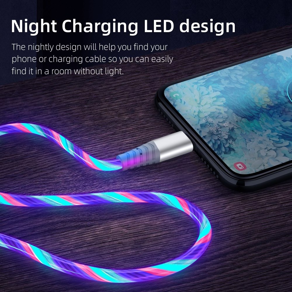 1m Glowing 3A Fast Charging Type C Cable High Speed Flowing Streamer Light LED Data Transfer USB Cable Multi color