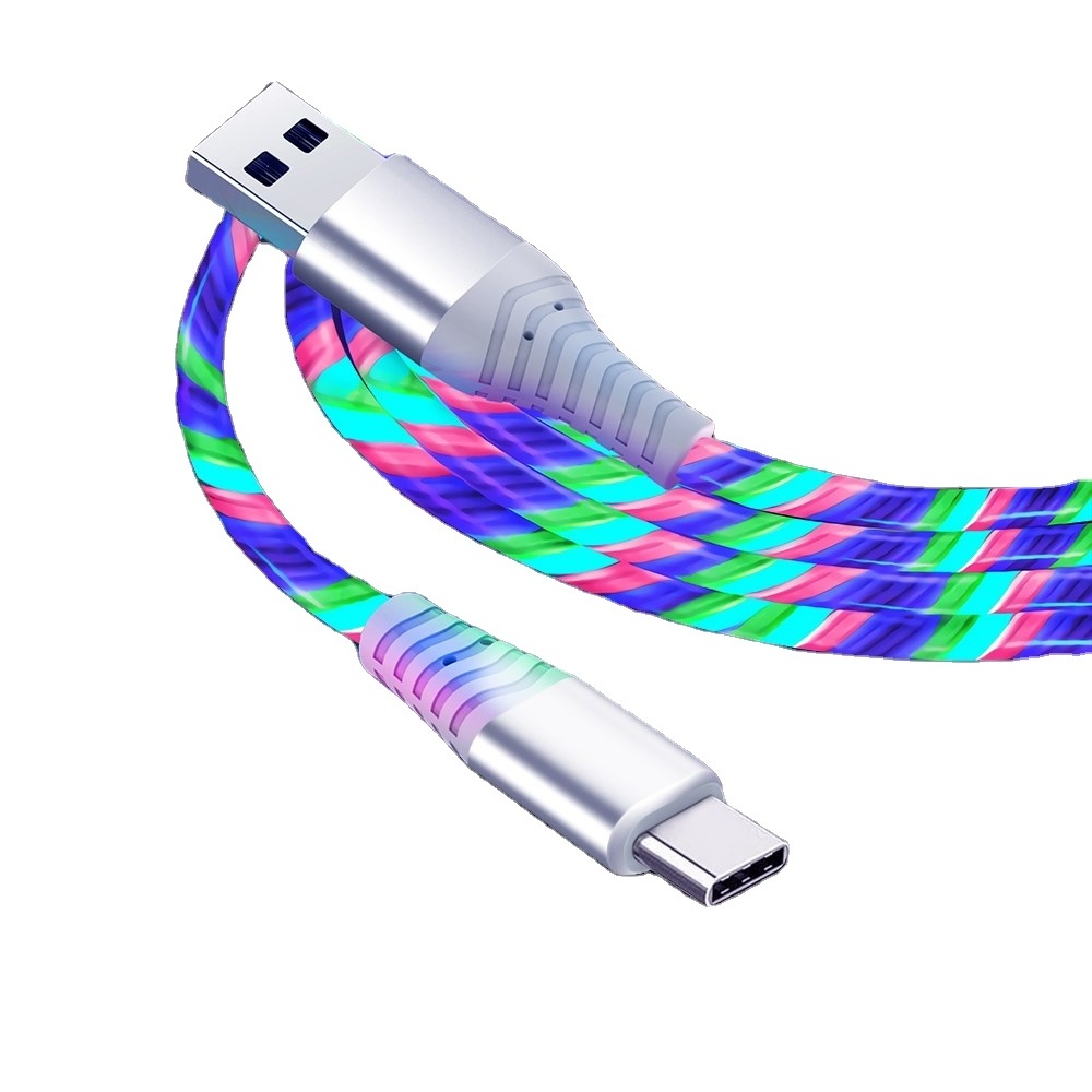 1m Glowing 3A Fast Charging Type C Cable High Speed Flowing Streamer Light LED Data Transfer USB Cable Multi color