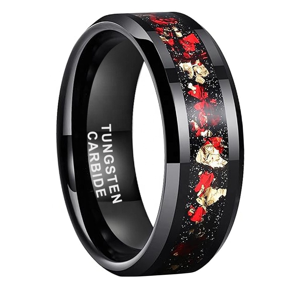 Coolstyle Jewelry Wholesale Black Tungsten Ring for Men Women Red Gold Foil Inlay Wedding Band Beveled Edges Polished Shiny