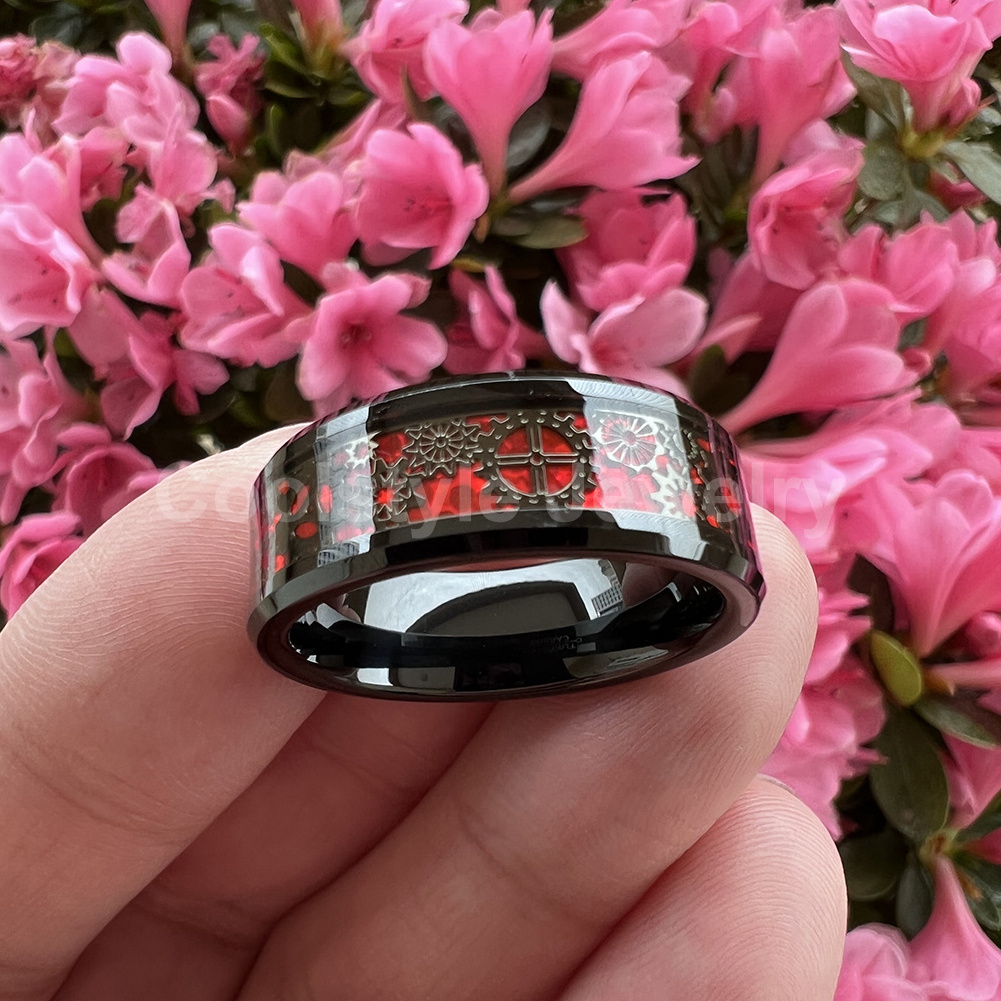 Coolstyle Jewelry Wholesale 8mm Tungsten Ring for Men Women Steampunk Gear Red Carbon Fiber Inlay Fashion Wedding Band