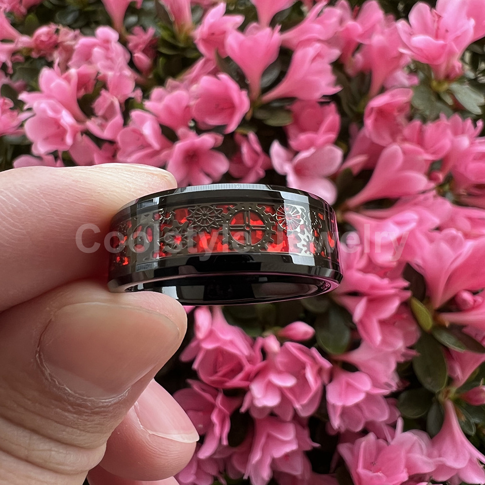 Coolstyle Jewelry Wholesale 8mm Tungsten Ring for Men Women Steampunk Gear Red Carbon Fiber Inlay Fashion Wedding Band