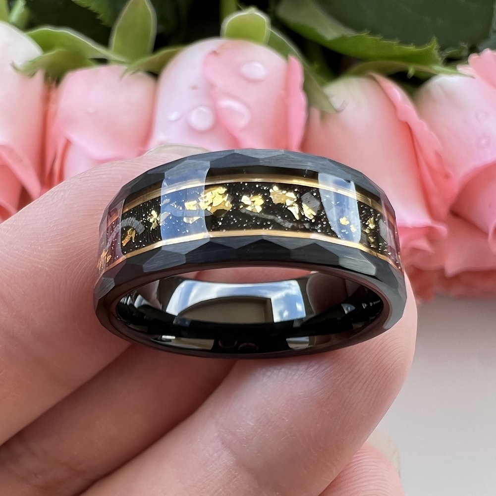 Coolstyle Jewelry 8mm Real Meteorite Chip Gold Foil Inlay Black Tungsten Ring for Men Women Fashion Engagement Wedding Band