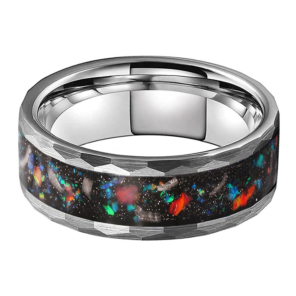 Coolstyle Jewelry 8mm Hammered Tungsten Ring for Men Women Real Meteorite Galaxy Opal Inlay Fashion Engagement Wedding Band