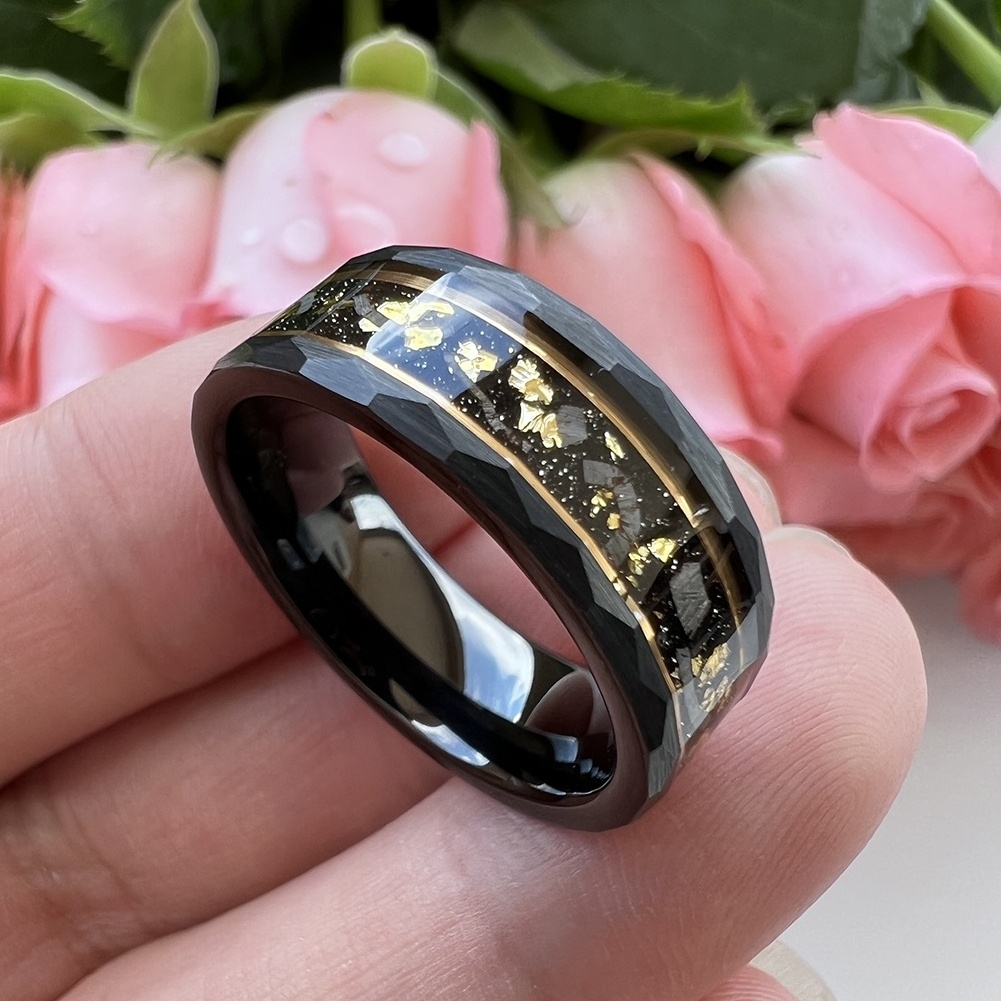 Coolstyle Jewelry 8mm Real Meteorite Chip Gold Foil Inlay Black Tungsten Ring for Men Women Fashion Engagement Wedding Band