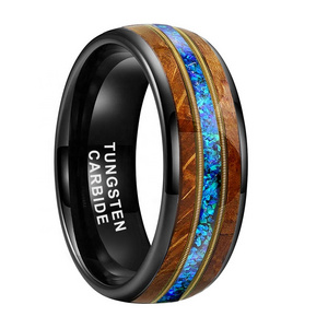 Coolstyle Jewelry 8mm Whisky Wood Guitar String Blue Opal Inlay Black Tungsten Ring Men Women Fashion Engagement Wedding Band