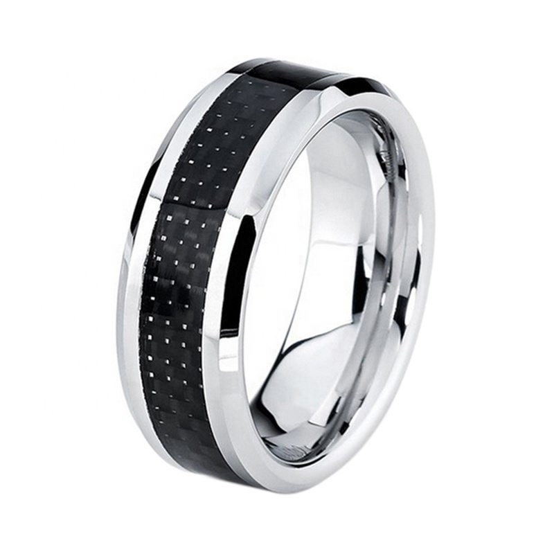 8mm Cobalt Chrome Ring Engagement Wedding Bands For Men Women Black Carbon Fiber Inlay Beveled Edges Comfort Fit