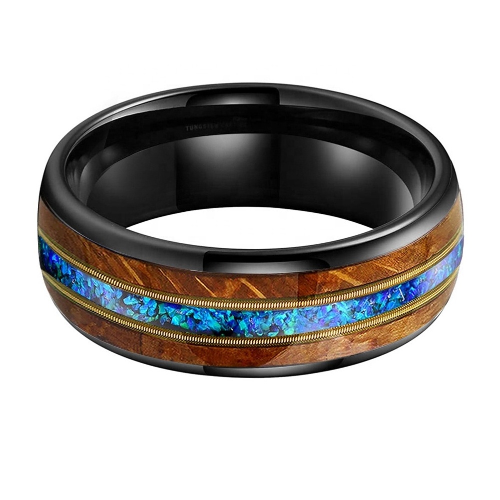 Coolstyle Jewelry 8mm Whisky Wood Guitar String Blue Opal Inlay Black Tungsten Ring Men Women Fashion Engagement Wedding Band