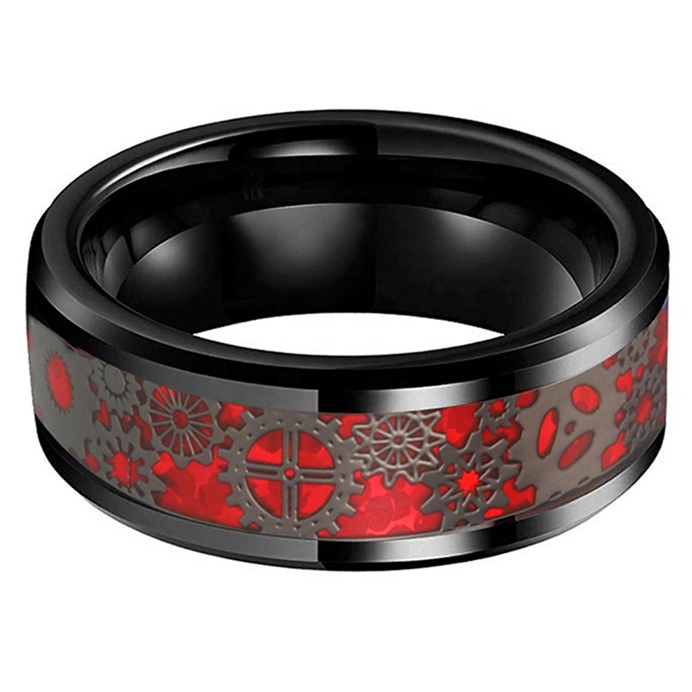 Coolstyle Jewelry Wholesale 8mm Tungsten Ring for Men Women Steampunk Gear Red Carbon Fiber Inlay Fashion Wedding Band