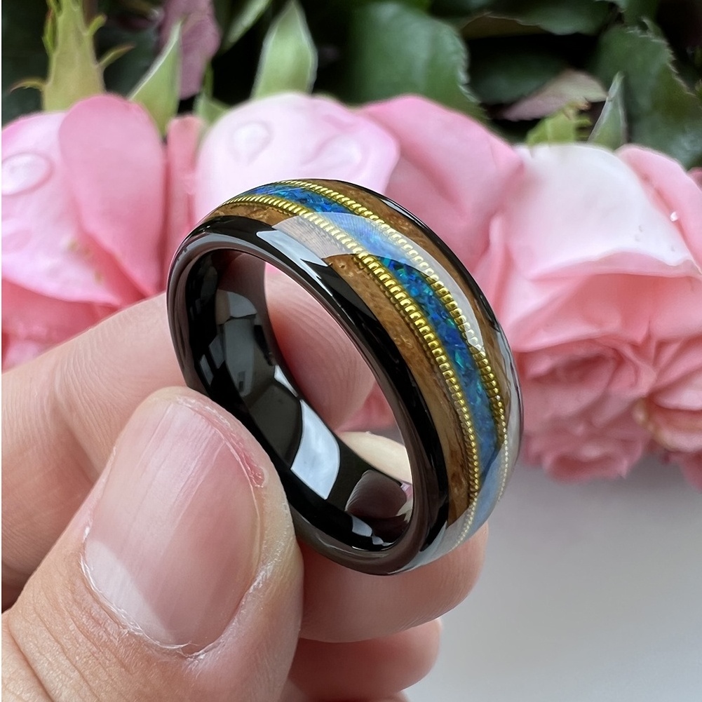 Coolstyle Jewelry 8mm Whisky Wood Guitar String Blue Opal Inlay Black Tungsten Ring Men Women Fashion Engagement Wedding Band