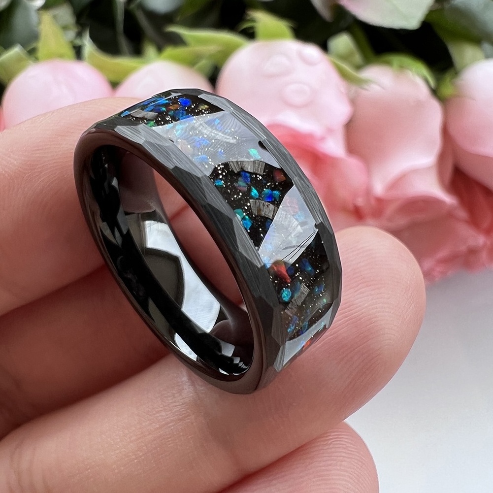 Coolstyle Jewelry 8mm Black Hammered Tungsten Ring for Men Women Real Meteorite Galaxy Opal Inlay Engagement Wedding Band