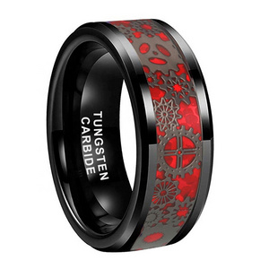 Coolstyle Jewelry Wholesale 8mm Tungsten Ring for Men Women Steampunk Gear Red Carbon Fiber Inlay Fashion Wedding Band