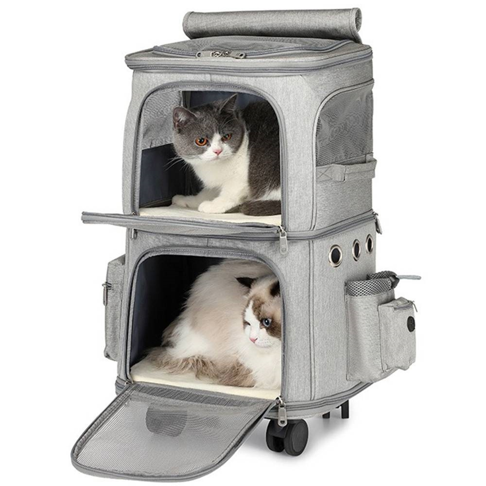 Double-Compartment Pet Carrier for Cats and Small Dogs Travel Suitcase Portable 4 Wheels Carriage Fold able Cage Bag Trolley