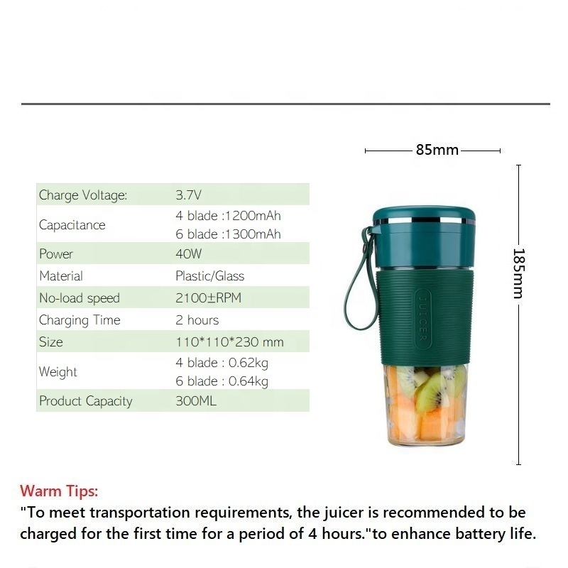 Electric 4/6 Blade USB Mini Portable Blender Juicer Machine 40 3.7V 3 in 1 Machine Fruit Mixer Ltd. 40W 304 Stainless Steel 3.7