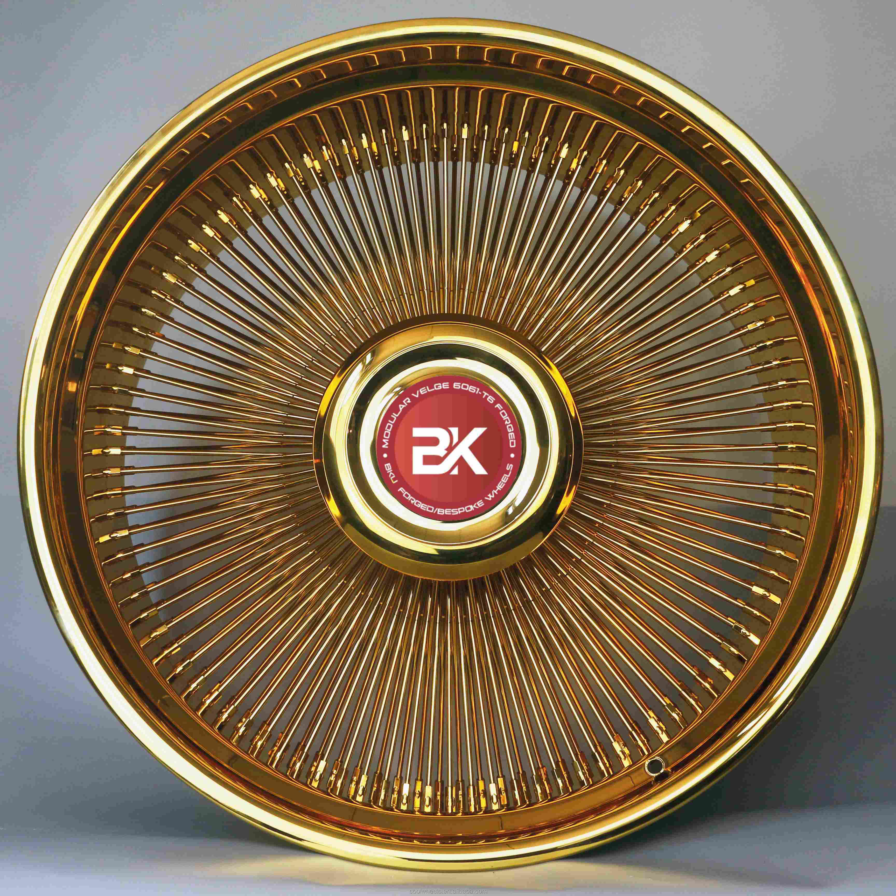 Bku lowrider wire wheels 18 19 20 22 24 26 inch rims Gold chrome passenger car hub rims for Chevy impala Buick LeSabre Skylark