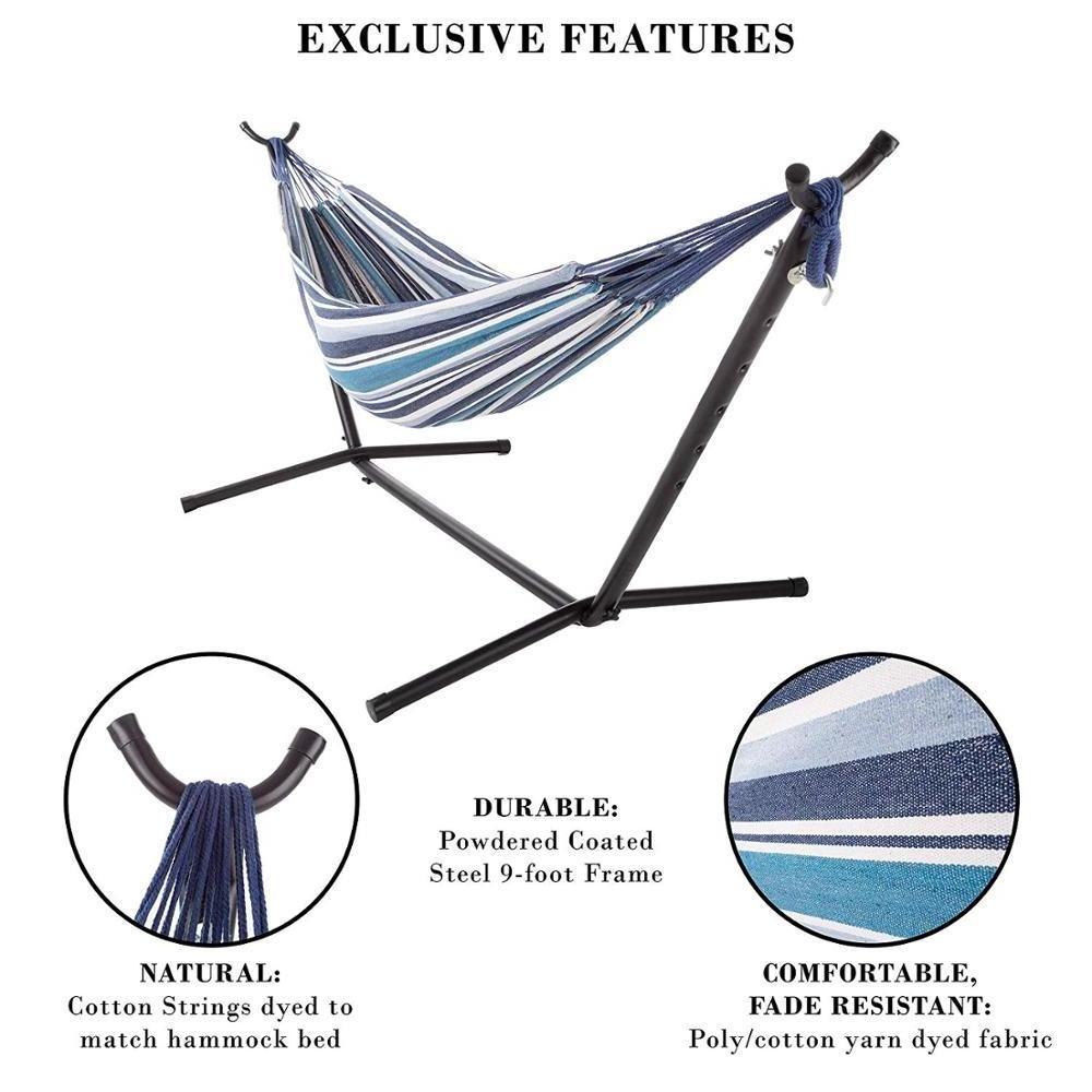 Double Brazilian Hammock with Stand Woven Cotton, 2-Person Outdoor Swing with Frame for Camping