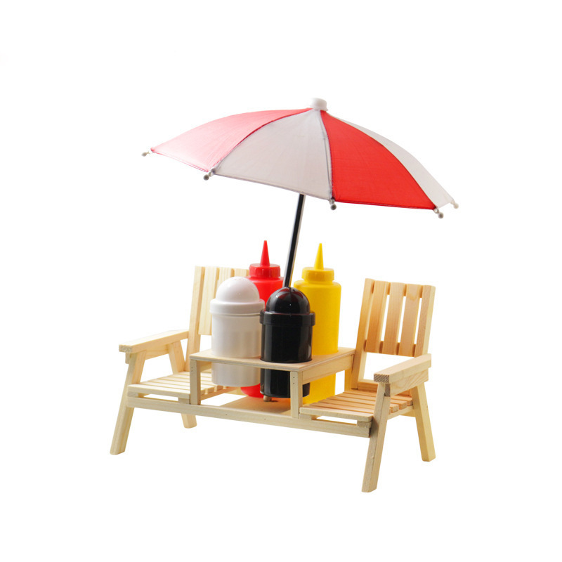 Outdoor Wooden mini Garden Bench Picnic BBQ Table Condiment Salt Pepper Shaker Holder Stand with umbrella