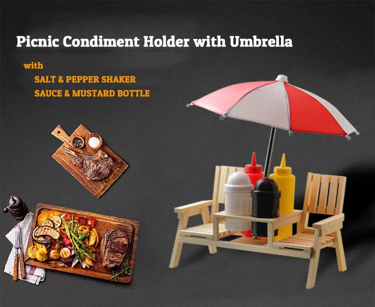 Outdoor Wooden mini Garden Bench Picnic BBQ Table Condiment Salt Pepper Shaker Holder Stand with umbrella