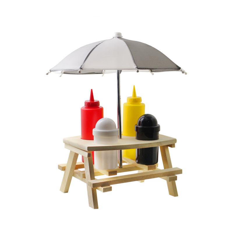 Outdoor Wooden mini Garden Bench Picnic BBQ Table Condiment Salt Pepper Shaker Holder Stand with umbrella