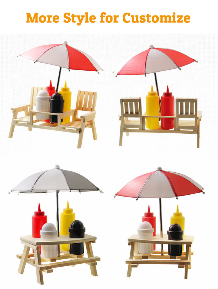 Outdoor Wooden mini Garden Bench Picnic BBQ Table Condiment Salt Pepper Shaker Holder Stand with umbrella