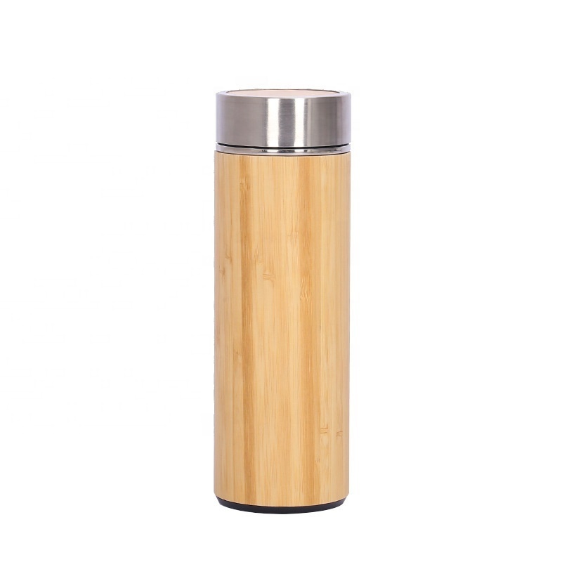 Wholesale Vacuum Travel Flask Stainless Steel insulated Bamboo wood color Water Bottle tea infuser