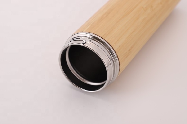 Wholesale Vacuum Travel Flask Stainless Steel insulated Bamboo wood color Water Bottle tea infuser