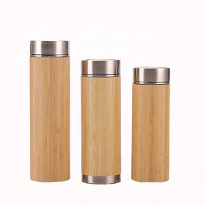 Wholesale Vacuum Travel Flask Stainless Steel insulated Bamboo wood color Water Bottle tea infuser