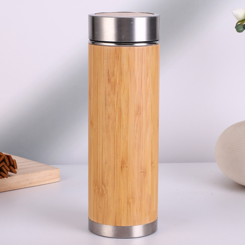 Wholesale Vacuum Travel Flask Stainless Steel insulated Bamboo wood color Water Bottle tea infuser